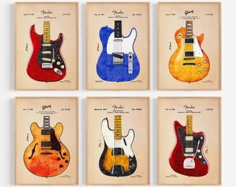 Electric Guitar Blueprint Prints: Vintage Music Room Decor (Digital Download)