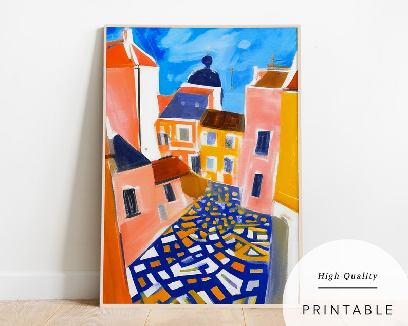 May include: A colourful abstract painting of a city street with buildings in shades of pink, yellow, blue, and orange. The street is paved with a geometric pattern of blue, yellow, and white.