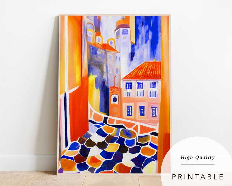 May include: A colourful abstract painting of a city street with buildings in shades of orange, yellow, blue, and pink. The street is paved with a mosaic of colourful tiles.