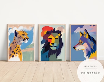 Abstract Animal Nursery Art Prints: Colorful Kids Room Decor (Digital Download)