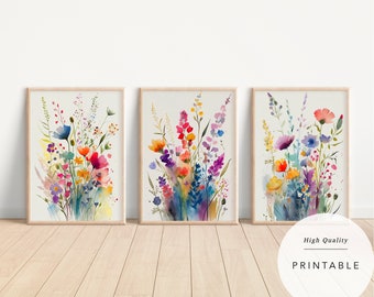 Bunte Wildblumen Kunst, 3er-Set, Aquarell Blumen, helle Blumendrucke, digitaler Download, druckbare Blumen Aquarelle