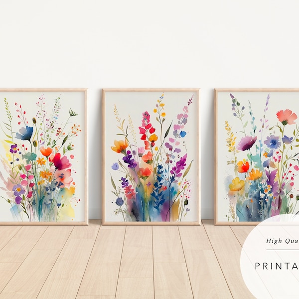 Colorful Wildflower Art, Set Of 3, Watercolor Flowers, Bright Floral Prints, Digital Download, Printable Flower Watercolors