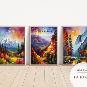 Yosemite, Grand Canyon, Denali, Nationaal Park Poster, Digitale Poster, Digitale Print, Aquarel, Nationaal park poster vintage, Schilderen
