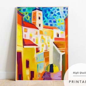 May include: Abstract painting of a colourful cityscape with buildings in shades of yellow, orange, red, and blue. The painting has a textured, brushstroke style.