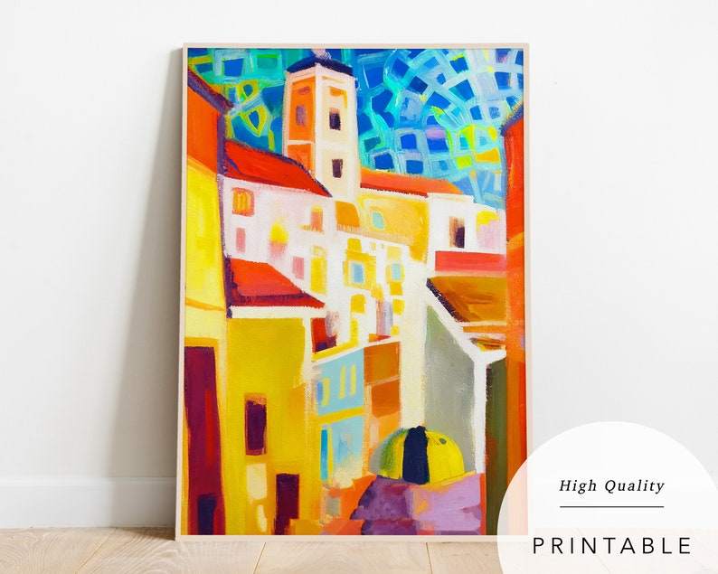 May include: Abstract painting of a colourful cityscape with buildings in shades of yellow, orange, red, and blue. The painting has a textured, brushstroke style.