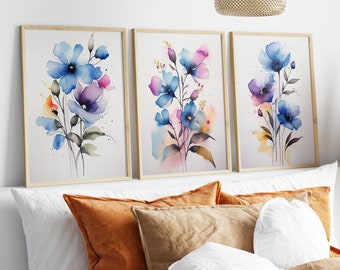 Blue Watercolor Flowers, Set Of 3, Watercolor Flowers, Bright Floral Prints, Digital Download, Printable Flower Watercolors