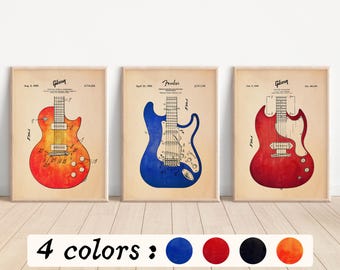 Láminas de patente de guitarra vintage: arte mural de guitarra eléctrica, decoración para salas de música, póster individual o en conjunto, 4 opciones de color