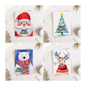 12 cartões de felicitações de Natal para impressão, impressão em aquarela do Papai Noel, arte de parede de rena de Natal, download digital, conjunto de cartões de férias de inverno