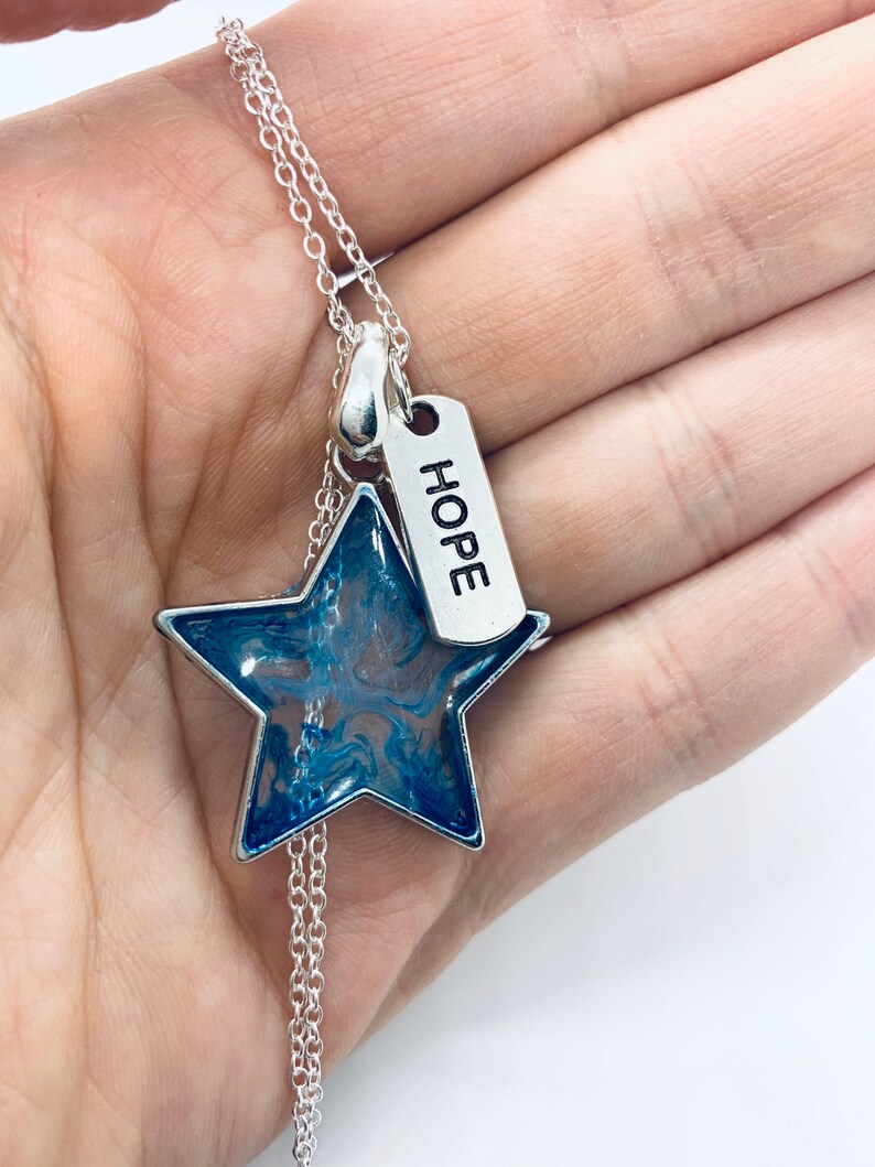 Hope Blue and Clear Star Resin Pendant Silver Charm Yoga Meditation Necklace