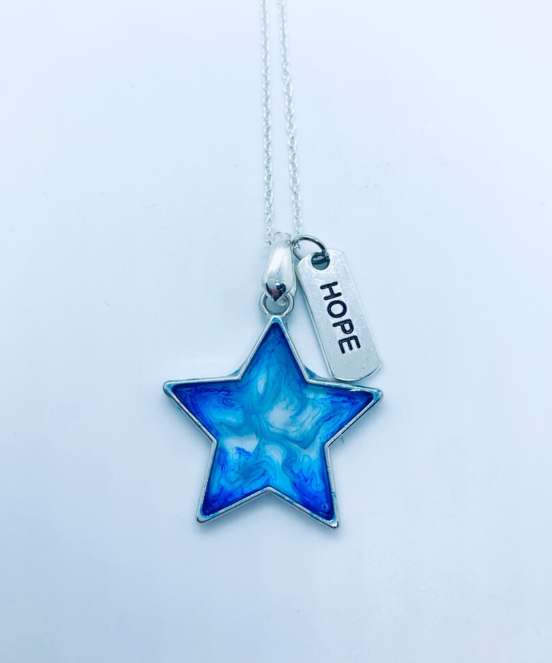 Hope Blue and Clear Star Resin Pendant Silver Charm Yoga Meditation Necklace