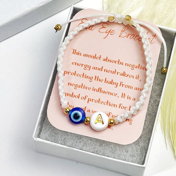 Pulsera personalizada de mal de ojo para bebé, pulsera personalizada con nombre de bebé, nueva caja de regalo para bebé, pulsera de protección para bebé, ideas de regalo para recién nacido, d inicial