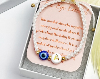 Personalized baby evil eye bracelet, custom baby name bracelet, new baby gift box, protection bracelet baby, newborn gift ideas, initial d