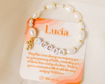 Personalized gold cross bracelet child, baby pearl bracelet, first communion gifts for girls, confirmation bracelet for girls, catholic gift
