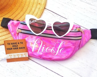 Custom fanny pack, bum bag for women, bachelorette party bags personalized, retro fanny packs for women, holographic bags custom, pink theme