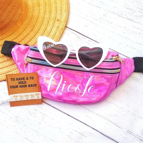 Custom fanny pack, bum bag for women, bachelorette party bags personalized, retro fanny packs for women, holographic bags custom, pink theme