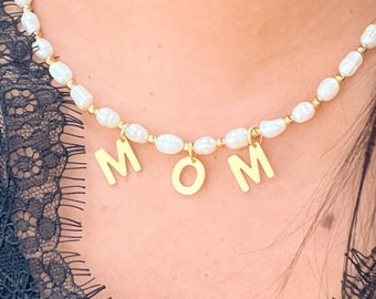 Mom necklace personalized, pearl necklace for mother, gifts for mom birthday, mothers day gift for grandma jewelry, gold filled initial
