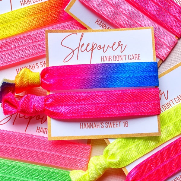 personalized sleepover hair ties, sleepover hair don't care, pajama party favors, girls birthday gifts ideas, slumber party favors, unique