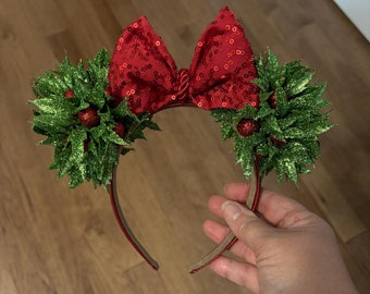 Holiday Minnie ears Christmas ears green and red mouse ear headband gift for holiday party ear headband gift for her gift for him Mickey ear