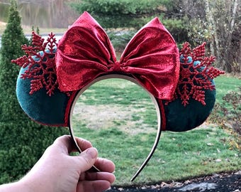 Holiday mouse ears, green and red mouse ear headband, Christmas ears