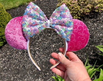 Pastel sequins pink ears, Disney inspired spring ear headband, flower and garden  Minnie ears
