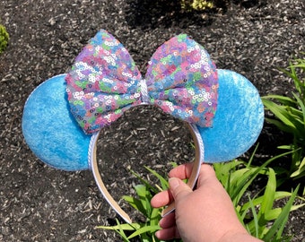 Pastel sequins blue ear, Disney inspired ear headband, summer ear, spring ear, flower and garden Minnie ears