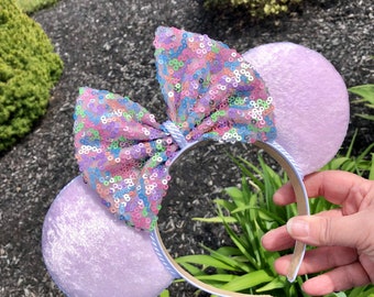 Pastel sequins pink ear, Disney inspired ear headband, summer ear, spring ear, flower and garden  Minnie ear