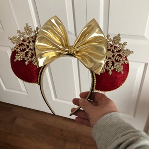 Holiday mouse ear headband, gold snowflake Minnie ears, Christmas ears