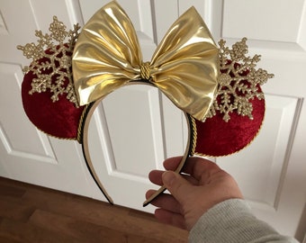 Holiday mouse ear headband, gold snowflake Minnie ears, Christmas ears