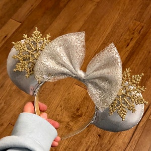 Snowflake mouse ears, silver and gold Minnie ears, seasonal ears