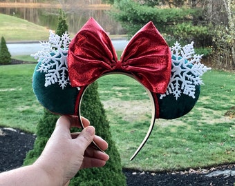 Snowflake ears, green and red, white snowflake Minnie ears