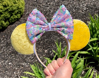 Pastel sequins yellow ears, Disney inspired ear headband, flower and garden Minnie ear, spring ear, summer ear