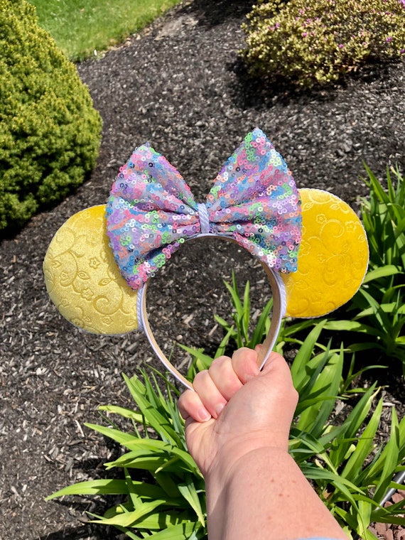 Colorful Floral Inspired Minnie Ears Headband with Bows & Sequins Pink and Blue Epcot Flower and Garden Festival Inspired Ears  main image 4