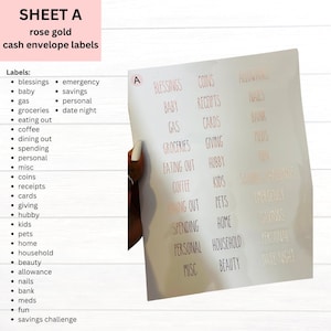 Può includere: Foglio A di etichette per buste di contanti color oro rosa. Il foglio include etichette per varie categorie come generi alimentari, baby e risparmi. Le etichette sono stampate in oro rosa su sfondo bianco.