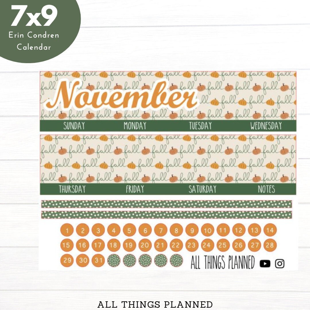 7x9 Nov. boho Fall Calendar Planner Stickers Erin Condren Planner - Etsy