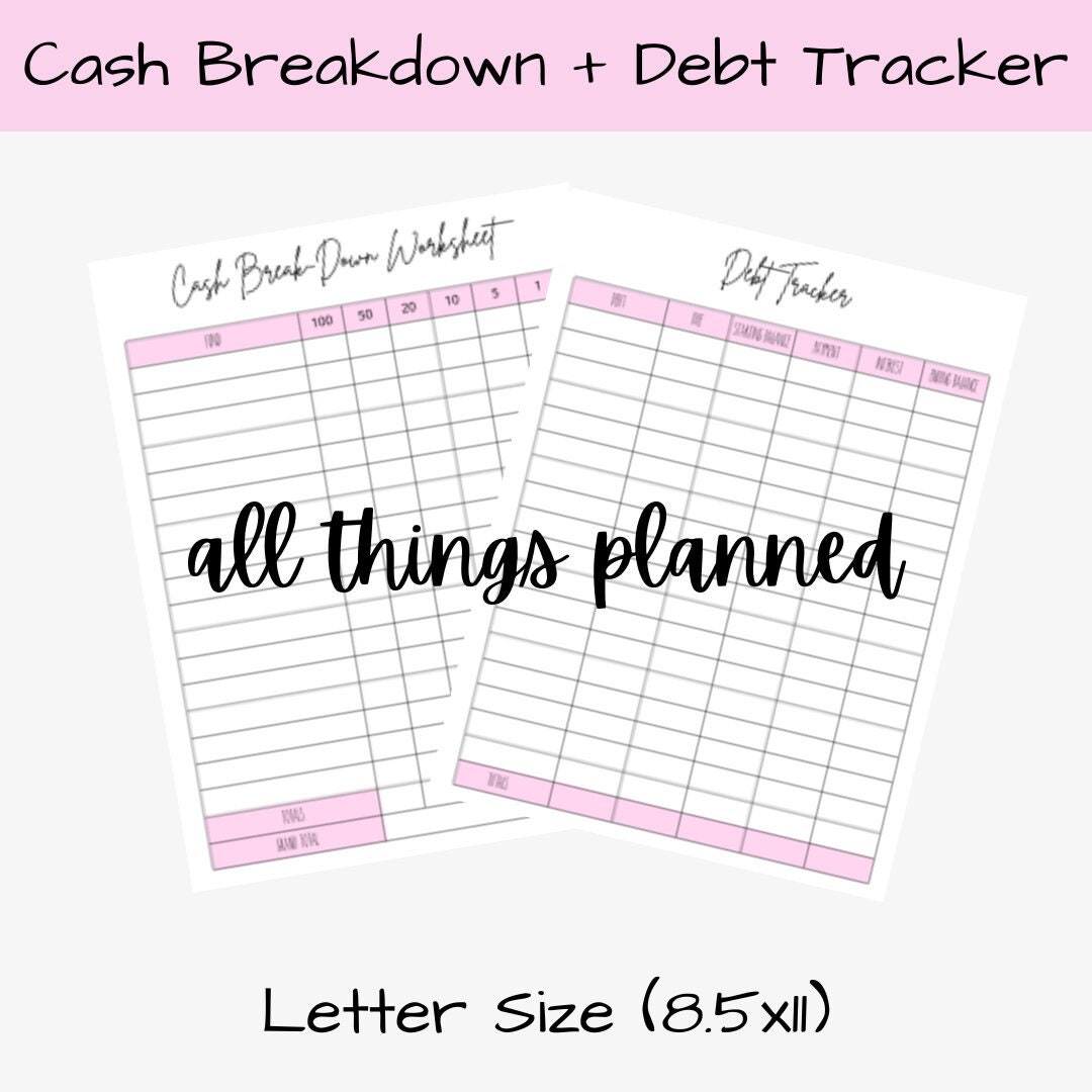 Cash Breakdown + Debt Tracker Budget Worksheets | Budget Template | Budget Tracker