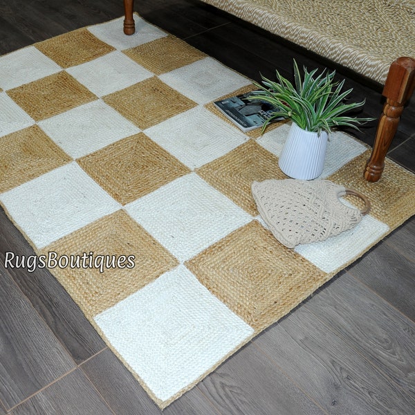 Indian Handmade Natural Beige Scandinavian Rug, Pattern Box Jute Rug, Ivory and Beige Rug, Handwoven Rug, 100% Natural Rug