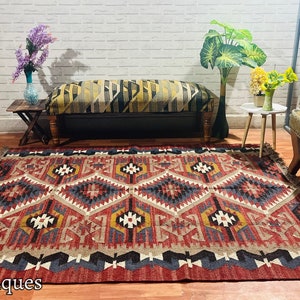 Handmade Large Kilim Rug, Handwoven, Wool and Jute Rug Handmade, Kilim Dhurrie Rug, Motifs, Oriental, Traditional Indian, Geometric, Turkish