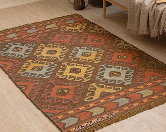Handwoven Wool Jute Kilim Rug, Traditional Indian Flatweave Area Rug