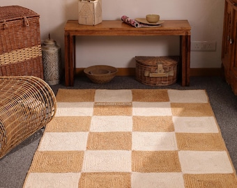 5 x 8 ft handgemaakt natuurlijk wit en bruin henneptapijt, handgeweven tapijt, henneptapijt van natuurlijke vezels, handgeweven tapijt, boho tapijt, tapijt op aangepast formaat.