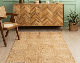 Indian Handmade Natural Jute Rug Square Box Jute Rug Ivory and Beige Rug Handwoven Rug 100% Natural Rug
