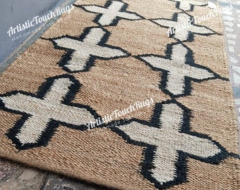 Bohemain Natural Jute Rug, Boho Decor Jute Area Rug, Geometric Hemp Jute Rug, Hand Loomed Natural Jute Runner/Rug, Braided Jute Runner