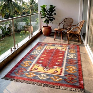 Natural Wool Jute Kilim Rug - Handwoven Charcoal Geometric Area Rug, Flatweave for Living Room, Entryway