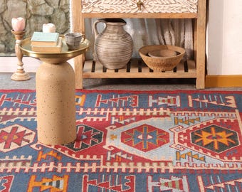 Handwoven Wool Jute Kilim Rug, Traditional Flatweave, Eco-Friendly Southwestern Moroccan Design