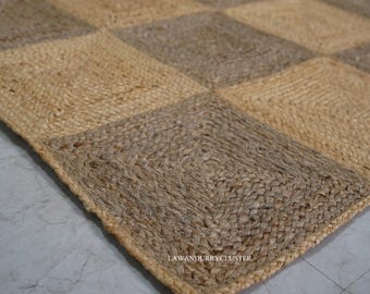 Handwoven Hemp Checkered Area Rug, Eco Friendly Boho Decor