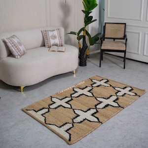 Handmade Natural White and Black Hemp Rug, Bohemian Hemp Rug, Custom Size Rug, Handmade Rug, Natural Fiber Rug, Eco friendly Rug