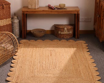 Alfombra de yute festoneada, alfombra de yute natural, alfombra con bordes ondulados, alfombra de yute bohemia, alfombra de yute festoneada, alfombra de yute con decoración de estilo rústico bohemio, alfombra con bordes festoneados