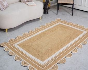 Handmade Scalloped Jute Rug, Natural Fiber, Moroccan Style