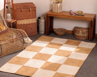 Handwoven Jute Rug – Checkered Natural Fiber Dhurrie, Boho Farmhouse Runner