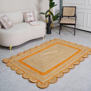 Jute Rug - Scalloped Jute Rug, Jute Scalloped Rug, Bohemian Scallop Rug, Natural Jute Area Rug, Jute Rug Rectangular, Jute Scallop Rug