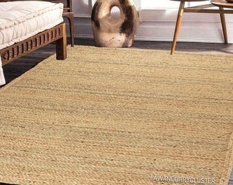 Handwoven Jute Area Rug, Natural Fiber Boho Farmhouse Style Carpet